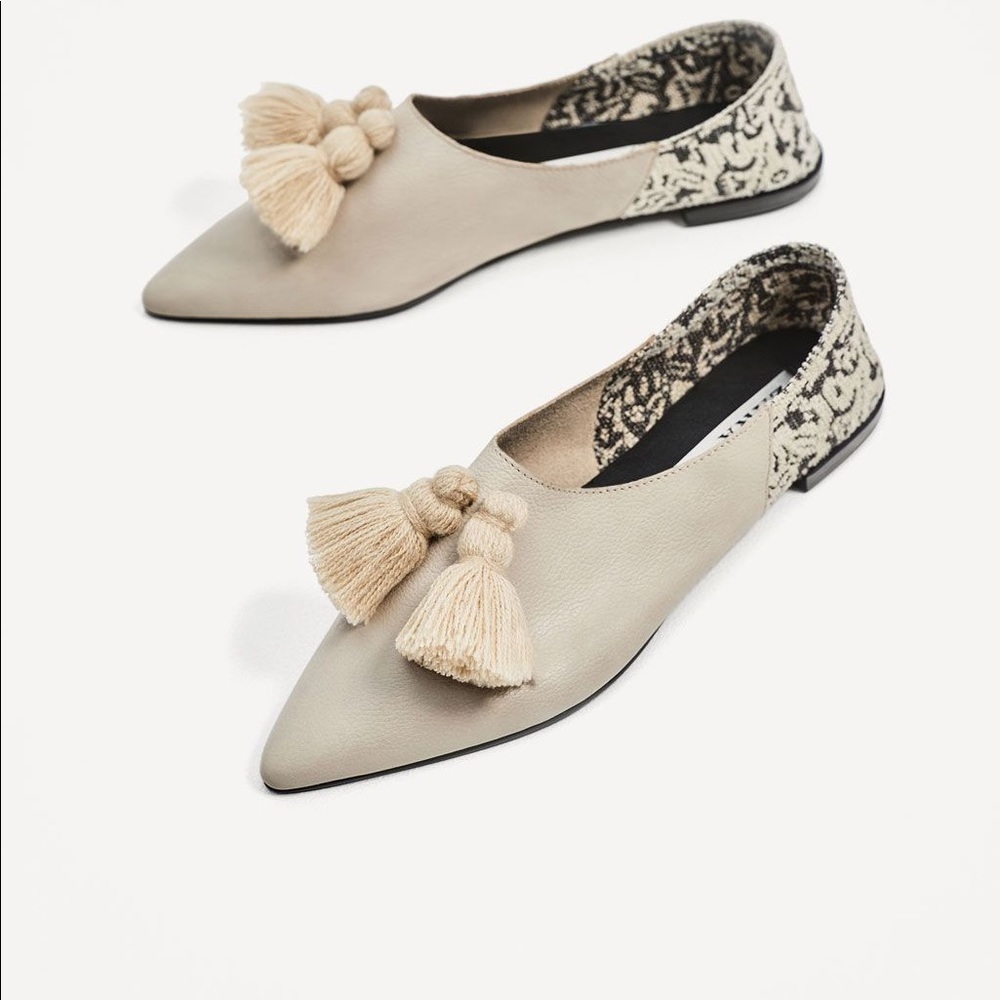 Zara Boho Flats Leather Cream Pom Pom Pointed Textile 37 Tassel